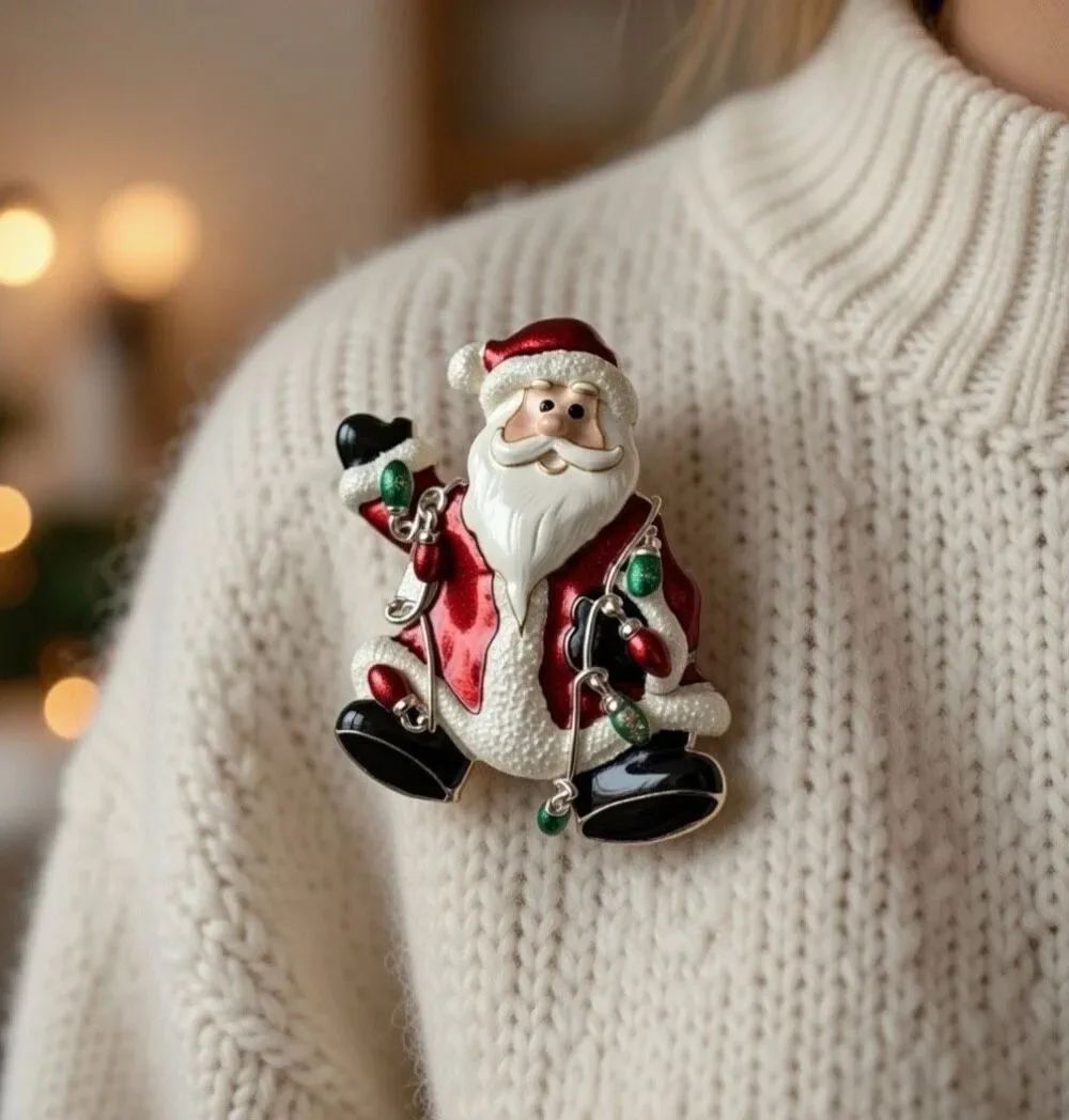 Silver Tone Glitter Enamel Santa Claus String Lights Brooch Pin Christmas